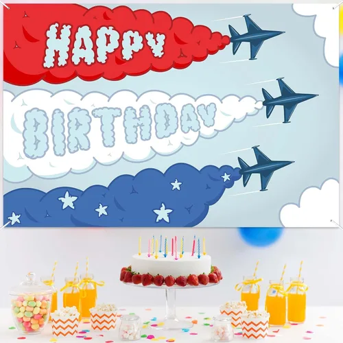 Miniatura 6 de Cartel de feliz cumpleaños de avión, telón de fondo de tiempo vuela cielo, nube arriba y lejos, decoración temática para aviador, niños, niñas