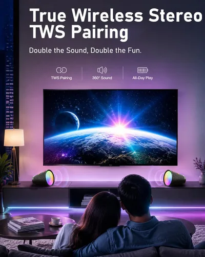 Miniatura 5 de Altavoz Bluetooth portátil inalámbrico con 9 luces de color, tiempo de reproducción de 20 horas, emparejamiento estéreo, graves profundos, IPX6 Negro