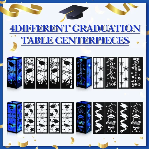 Miniatura 4 de Feifeiya 4 piezas de centros de mesa de graduación 2026, faroles de mesa de graduación de clase 2026 con tira de luces LED para felicitaciones, Azul