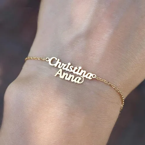 Miniatura 4 de LONGLITER - Pulsera personalizada de doble capa con nombre para mujer, cadena de mano, dos placas, pulseras para mujer