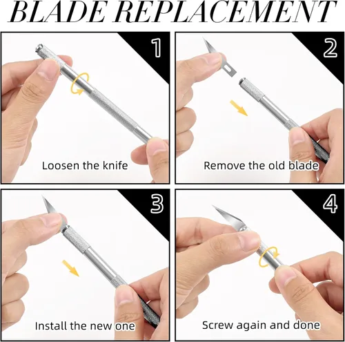 Miniatura 4 de JTIEO Exacto Hobby - Cuchillo para manualidades, paquete de 74 con 4 cuchillos afilados mejorados y 70 cuchillas de repuesto para arte, álbumes