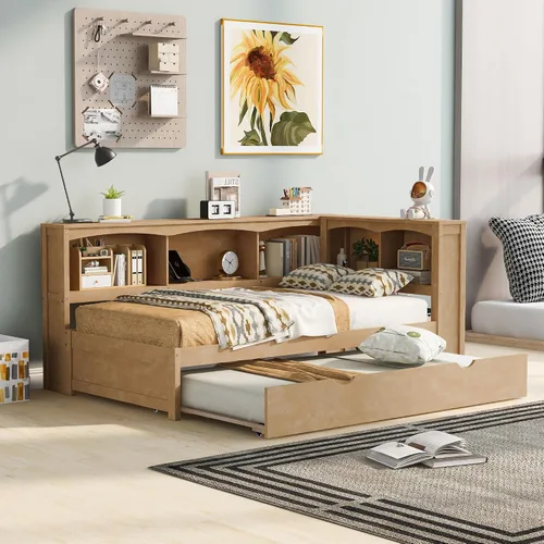 Miniatura 8 de Sofá cama de tamaño matrimonial con 4 cajones, marco de madera con 2 armarios de noche y estantes superiores, marrón antiguo