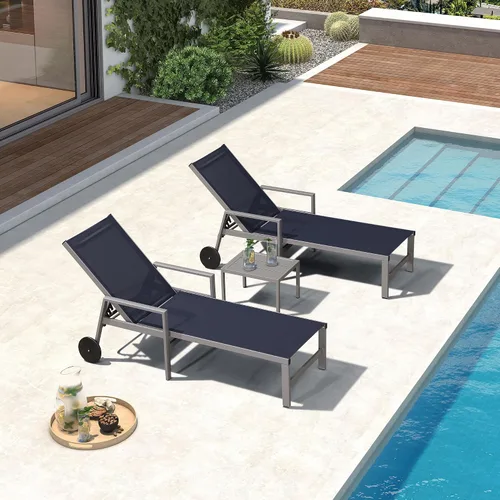 Miniatura 49 de PURPLE LEAF Juego de tumbonas para exteriores para 2 sillas de piscina de gran tamaño con ruedas fáciles de mover y respaldo ajustable, tumbonas