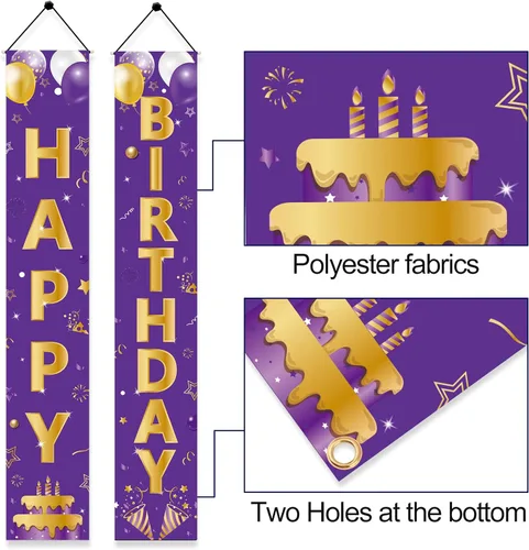 Miniatura 3 de Cartel de feliz cumpleaños dorado morado para puerta, letrero de feliz cumpleaños, suministros de fiesta para niñas y mujeres, 16, 21, 30, 40, 50