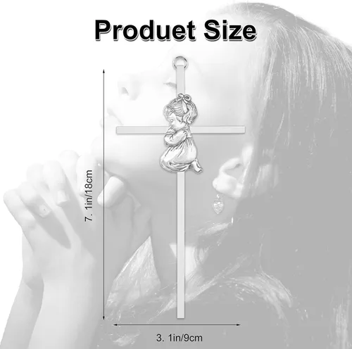 Miniatura 4 de Tryuunion Cruz de pared para bebé, regalos de bautizo para niña, cruces de 7 pulgadas plateadas para niñas orando, ideales para primera comunión