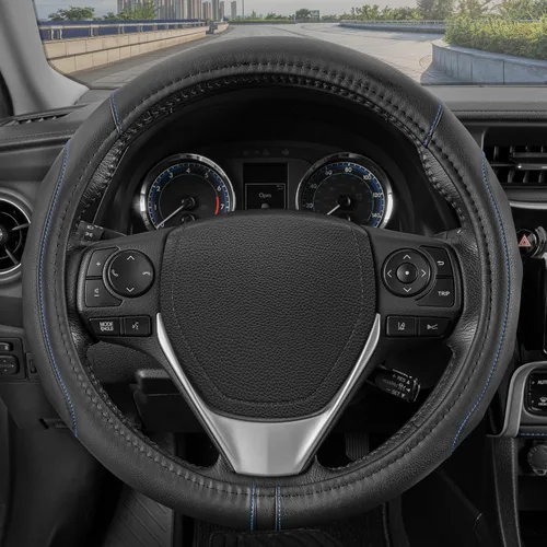 Miniatura 8 de Motor Trend GripDrive - Funda de cuero negro sintético para volante de automóvil, camión, camioneta, SUV, tamaño pequeño de 14 pulgadas, funda