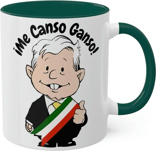MEXICANDOO AMLO Taza de café Me Canso Ganso con dibujos animados divertidos Muñeco AMLITO Taza de cerámica blanca brillante con colores vibrantes en