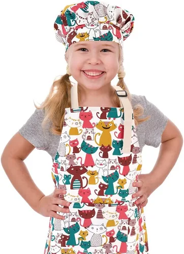Miniatura 9 de Juego de delantal infantil y gorro de chef, delantales ajustables de algodón para niños con bolsillo grande, lindos para niñas y niños, baberos