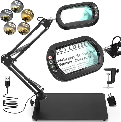 Drdefi Lupa cuadrada de 10X con luz y soporte, lupa de cristal real iluminada con LED, 5 modos de color regulable continuo, lámpara de escritorio