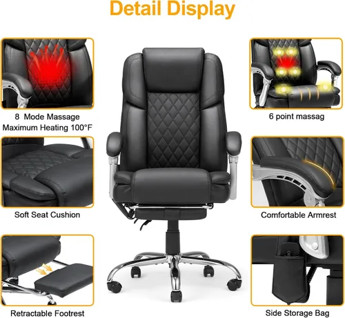 Miniatura 5 de HOMREST Silla de Oficina de Masaje de 6 Puntos con Soporte Lumbar, Silla de Oficina Ejecutiva Calefaccionada con Respaldo Reclinable, Silla de negro