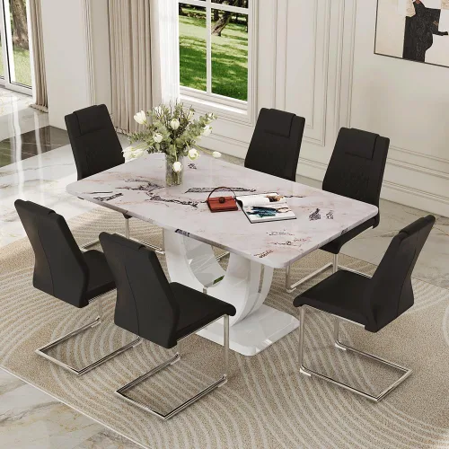 Miniatura 55 de Juego de 6 sillas de mesa de comedor para 6, juego de 6, moderno juego de comedor con mesa de comedor de mármol de 63 pulgadas, sillas tapizadas
