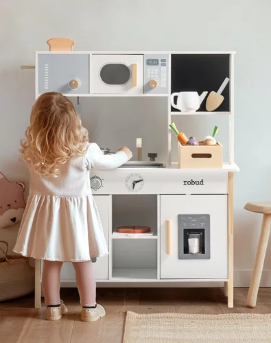 Miniatura 7 de ROBUD Cocina de juguete para niños – Cocina de juguete de madera con caja de plantación, juego de cocina Montessori con máquina de hielo y horno