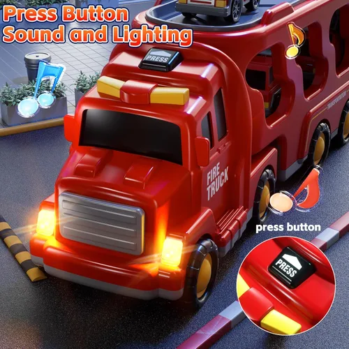 Miniatura 3 de Camiones de Bomberos de Juguete para Niños Pequeños de 1-3, 3-5, Conjunto de Vehículos Transportadores de Carros de Bomberos 5 en 1 para Niñas de 1