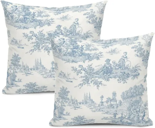 Blue Toile - Juego de 2 fundas de almohada estilo rústico francés, fundas de almohada vintage de 18 x 18 pulgadas, para sofá, sala de estar,