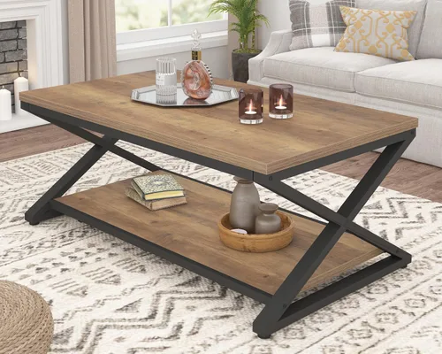 Miniatura 18 de HSH Mesa de sala de estar de madera de metal minimalista moderna negra con estante de almacenamiento, mesa central rectangular de 39 pulgadas y 2