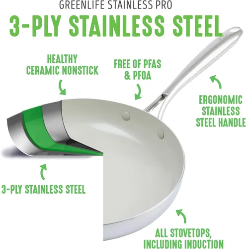 Miniatura 3 de GreenLife Sartén antiadherente de cerámica saludable de acero inoxidable de tres capas, de 8 pulgadas, sin PFAS, multicapa, inducción, apto