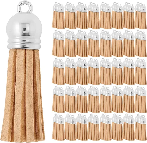 Miniatura 39 de Mandala Crafts 100 borlas de gamuza sintética color aguamarina con tapa dorada, suministros para hacer llaveros a granel, pequeñas borlas de cuero