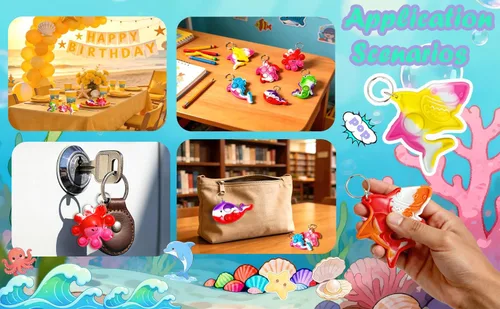 Miniatura 5 de Paquete de 26 llaveros de animales marinos azules, pulpo, peces, delfines, tortugas, tiburones, ballenas, mini llavero Pop para fiestas