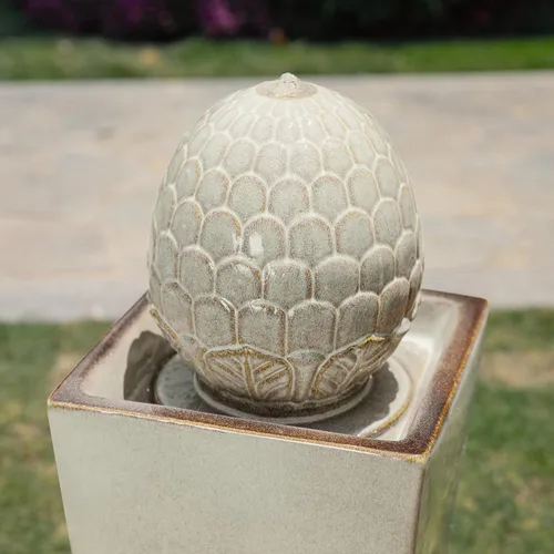 Miniatura 8 de Glitzhome Fuente de agua de cerámica para exteriores con luz LED, fuentes de agua con pedestal de alcachofa extragrande con bomba sumergible, fuente