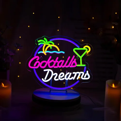 Roouneon Letrero de neón para decoración de pared, cócteles y sueños con luces LED regulables, letrero de neón para barra de cerveza