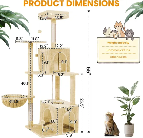 Miniatura 2 de Árbol para gatos, torre de gato de 54 pulgadas para gatos de interior, condominio de felpa de varios niveles para gatos con postes rascadores