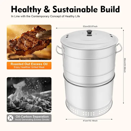 Miniatura 7 de Barbacoa portátil grande sin humo, parrilla de acero inoxidable, cubo vertical de carbón con calefacción de 360° y parrilla para picnic y campamento