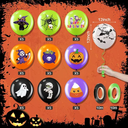 Miniatura 2 de Decoración de 50 globos de Halloween, adorables globos de látex de calabaza y araña espeluznante, fiesta de primer cumpleaños, suministros de ducha