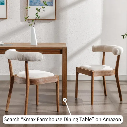 Miniatura 3 de Kmax Sillas de comedor de mediados de siglo, sillas de cocina de tela moderna con marco con acabado de nogal natural, respaldo curvado de lino, beige