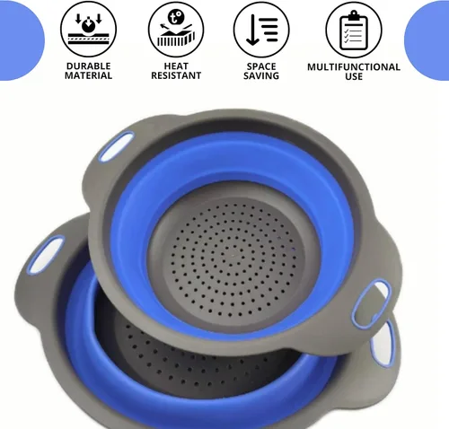 Miniatura 4 de Colador redondo de silicona azul plegable – Colador de cocina plegable pequeño colador plegable azul con asas de plástico para drenar verduras