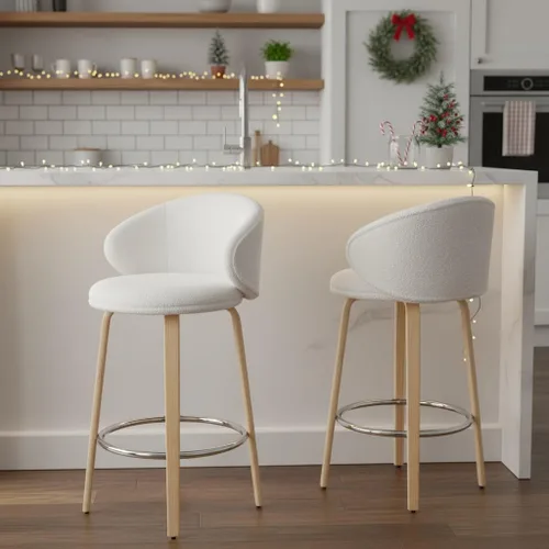 DUOMAY Paquete de 2 taburetes de bar de 26 pulgadas de altura de mostrador, sillas de isla de cocina con respaldo de barril de sherpa blanco con