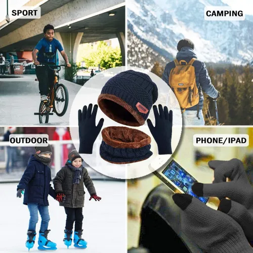 Miniatura 5 de T WILKER Juego de 3 gorros de invierno para niños, bufanda y guantes para pantalla táctil