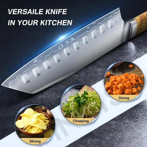 Miniatura 6 de FINTISO Santoku - Cuchillo de cocina de 7 pulgadas, núcleo de acero en polvo S35VN para carnes y verduras, cuchillo de chef japonés de acero
