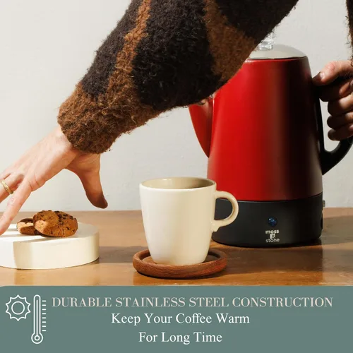 Miniatura 8 de Moss & Stone Percoladora de café eléctrica, cuerpo rojo con tapa de acero inoxidable, cafetera eléctrica percoladora, cafetera roja para campamento