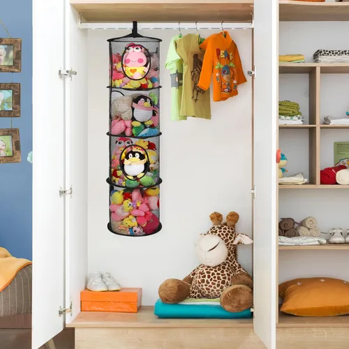 Miniatura 2 de Almacenamiento Colgante para Juguetes de Peluche, Organizador de Almacenamiento de Peluches Plegable para Rincón con 4 Compartimentos, Organizador
