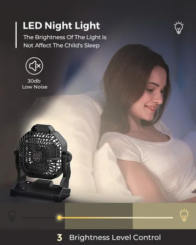 Miniatura 5 de JINLICTE Ventilador de camping con linterna LED, 36 horas 9 pulgadas, ventilador portátil recargable con batería con velocidad continua y funciona
