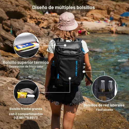 Miniatura 4 de SPARTER - Mochila enfriadora aislada a prueba de fugas para 33/49 latas, bolsa térmica con 2 compartimentos aislados, mochila de playa, viaje, Negro