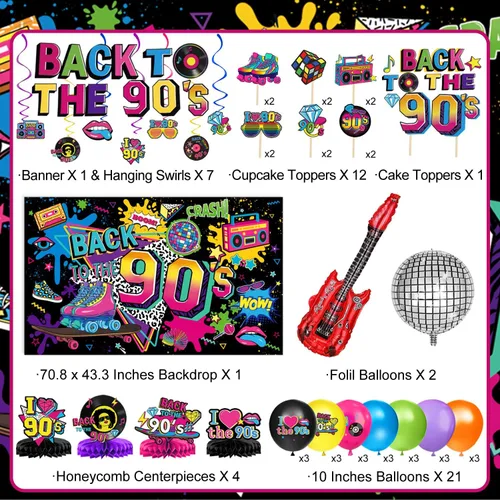 Miniatura 2 de Las decoraciones de fiesta de los años 90 incluyen telón de fondo de los años 90, globos de aluminio y látex, adornos para pasteles y cupcakes