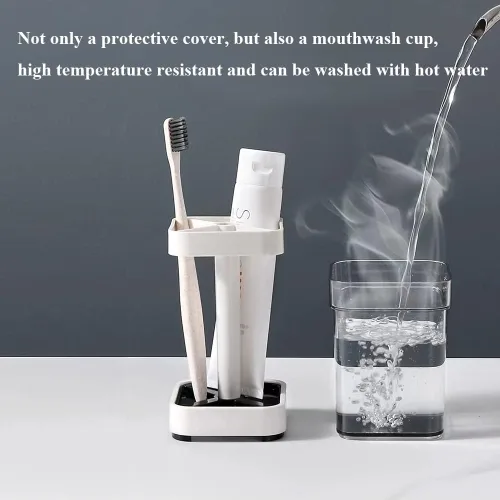 Miniatura 3 de El soporte para cepillos de dientes con taza/cubierta contiene 3 ranuras, compatible con cepillos de dientes convencionales, puede almacenar pasta