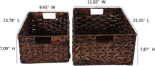 Miniatura 4 de Cesta rectangular tejida de jacinto de agua, cesta de almacenamiento oscura con asas interiores, estantes de cocina, escritorio de oficina