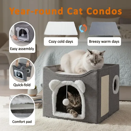 Miniatura 3 de Casas para gatos de interior, cueva de cama grande para gatos, caja de cubo para gatitos, condominio para gatos con almohadilla rascadora, bola