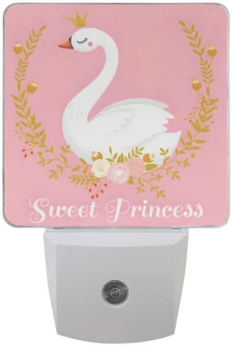 Paquete de 2 lámparas LED de luz nocturna enchufables con impresión de princesa cisne con sensor de atardecer a amanecer para dormitorio, baño,