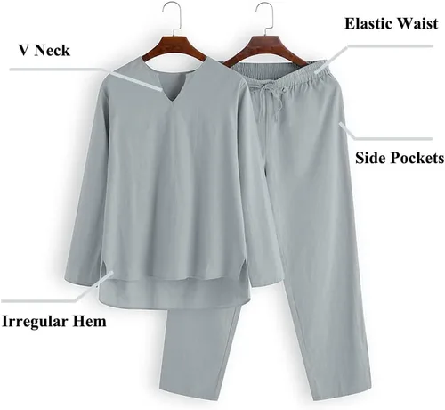 Miniatura 5 de COOFANDY Conjunto de 2 piezas de algodón y lino para hombre, camisa Henley de manga larga y pantalones casuales de playa, trajes de yoga de verano