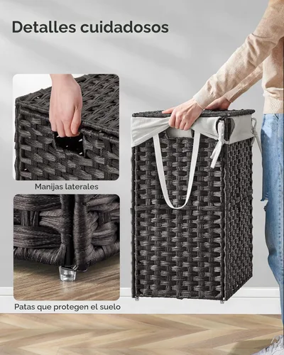 Miniatura 4 de SONGMICS Cesta de lavandería con tapa, cesta de ropa de 23.8 galones (90 L) de ratán sintético con tapa y asas, plegable, forro extraíble, negro