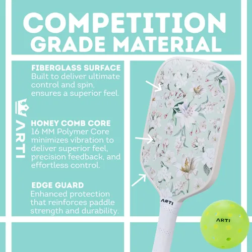 Miniatura 2 de ARTI Juego de 2 palas de pickleball aprobadas por USAPA, 2 raquetas de pickleball, 4 bolas y 1 bolsa de transporte portátil Flor Rosa Y Verde
