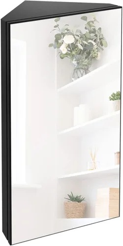eclife Armario de medicina de esquina de baño de 24 pulgadas con espejo, gabinete de espejo de pared negro de una sola puerta, gabinete de
