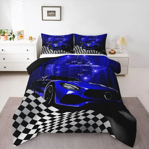 Miniatura 15 de Erosebridal Juego de edredón individual de motocicleta de carreras para niños, juego de ropa de cama de panal con luces de neón azules, motocross