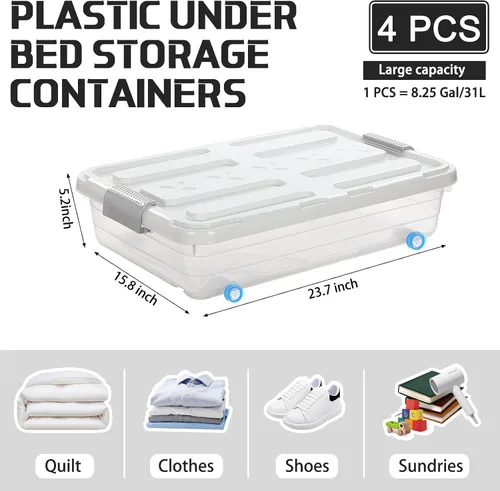 Miniatura 2 de Beeveer 4 recipientes de almacenamiento de plástico para debajo de la cama con tapa, rueda y asa, transparentes de gran capacidad, apilables