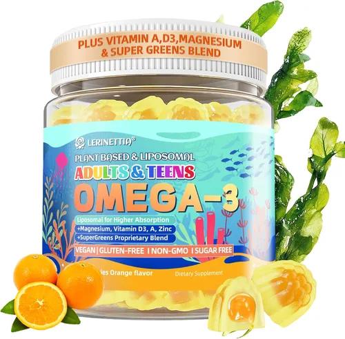 Gomitas veganas omega-3 – 1000 mg de aceite de algas con 650 mg de DHA y 250 mg de EPA para adolescentes y adultos – Más vitamina D3, A, C, luteína,