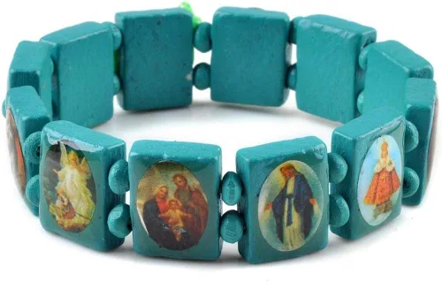 Miniatura 9 de yantu Pulsera elástica de panel pequeño de madera extraíble con imágenes de santos religiosos, Jesús y rosario, Madera