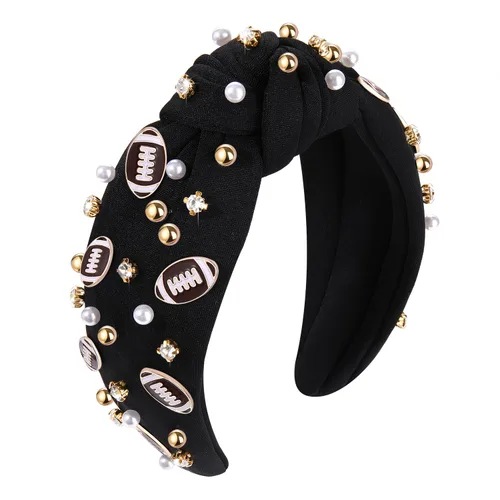 Diadema de fútbol para mamá, accesorios de perlas con diamantes de imitación anudados, banda ancha para el pelo negra, diadema de nudo superior,